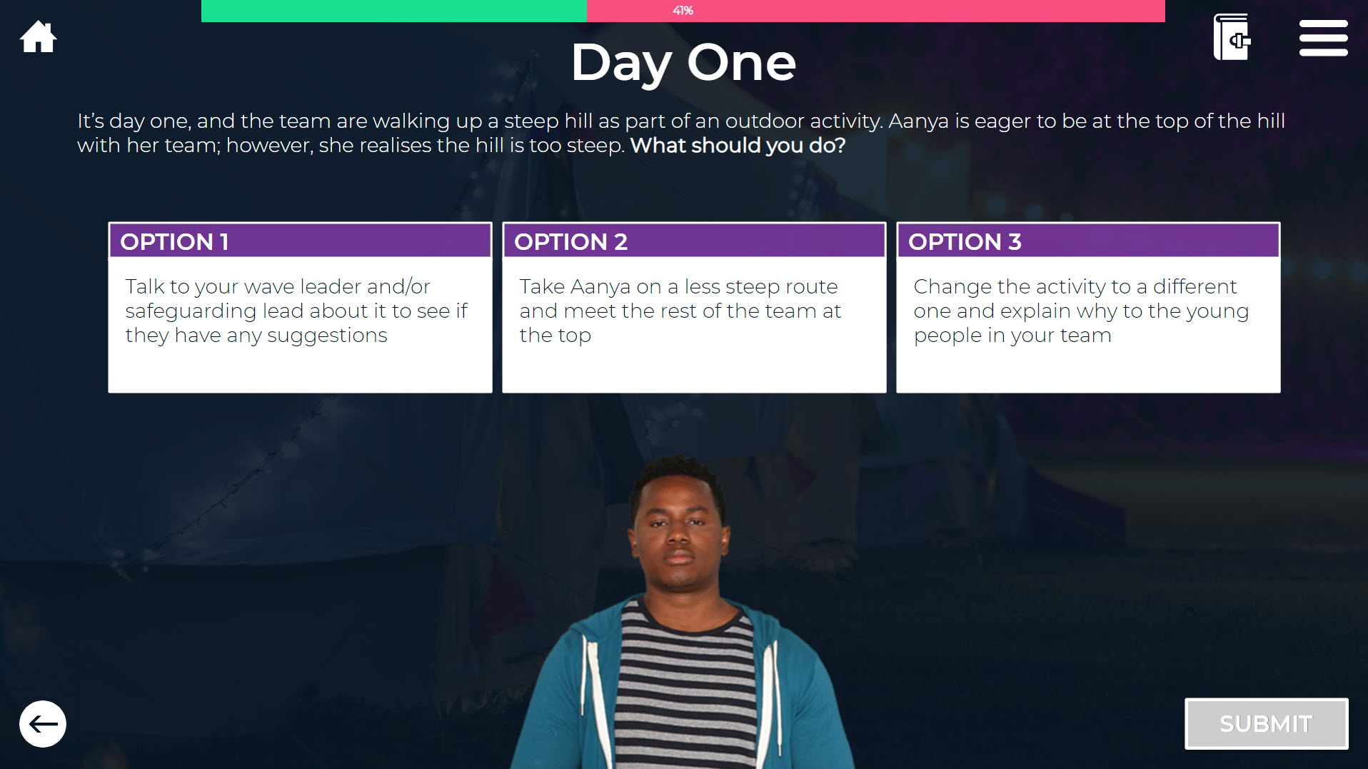 character with choice options on screen